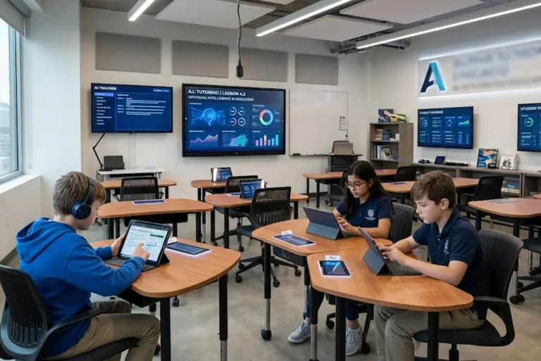 Vista futurista de un aula vacía con pantallas interactivas de inteligencia artificial, estudiantes jóvenes usando tablets, y un cartel que dice "Alpha School Chicago" - concepto de escuela con inteligencia artificial como maestros.