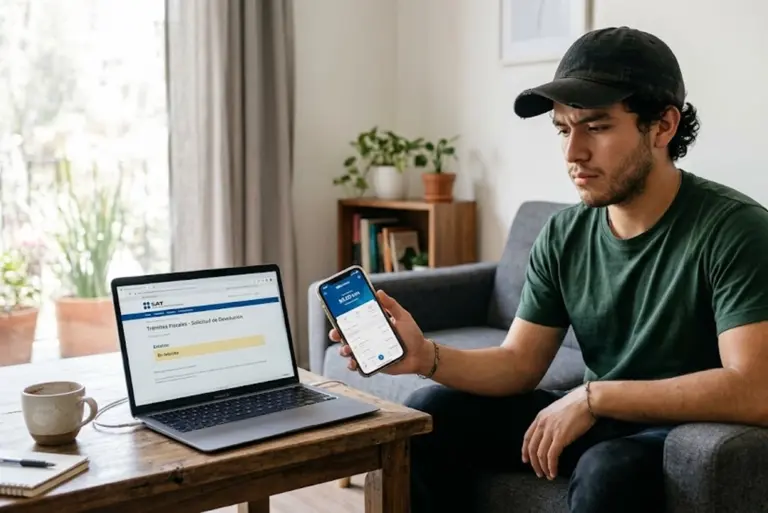 Joven universitario revisando su estado de cuenta en un celular mientras mira una laptop con el portal del SAT abierto, con expresión de preocupación pero decidida, buscando información sobre su devolución SAT que no ha llegado.