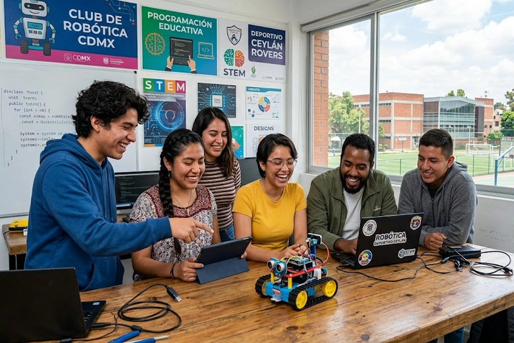 Grupo de jóvenes estudiantes armando un robot en uno de los cursos en Utopía Ceylán, dentro del moderno edificio de Robotopía en Azcapotzalco, con luz natural y materiales didácticos tecnológicos.