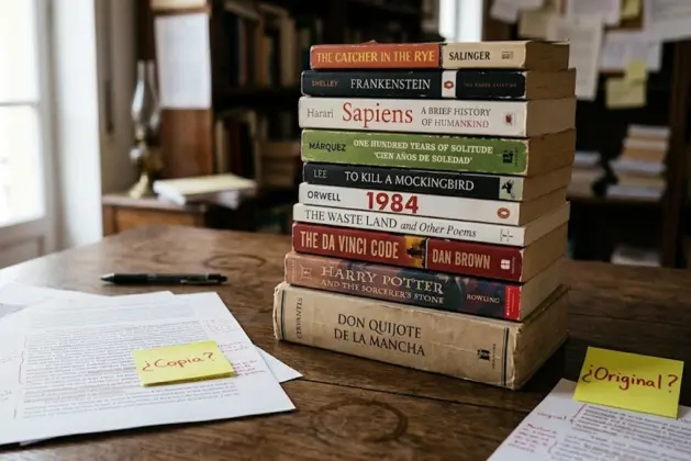 Colección de diez libros famosos acusados de plagio apilados sobre una mesa de madera con notas adhesivas amarillas señalando similitudes textuales