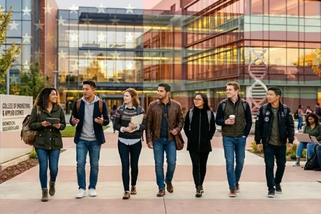 Grupo de estudiantes jóvenes diversos (latino, asiático, blanco) caminando por un campus universitario estadounidense con edificios de laboratorios de vidrio.