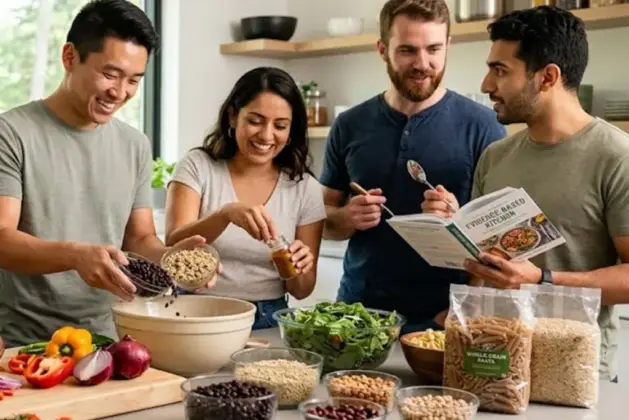 Grupo de jóvenes universitarios cocinando vegetales frescos y legumbres en una cocina moderna, siguiendo dietas saludables basadas en evidencia y recomendadas por nutricionistas