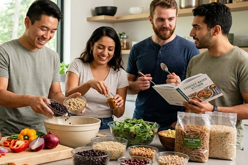 Grupo de jóvenes universitarios cocinando vegetales frescos y legumbres en una cocina moderna, siguiendo dietas saludables basadas en evidencia y recomendadas por nutricionistas