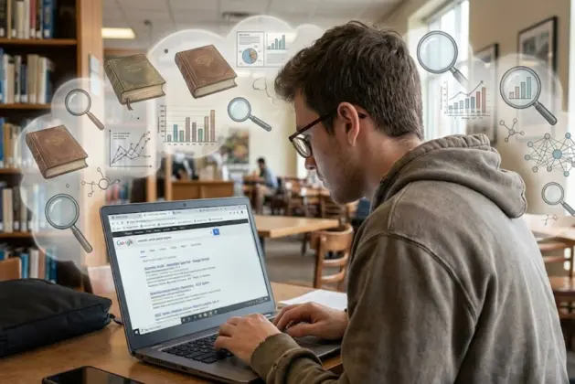 estudiante usando varios buscadores de artículos científicos en una laptop, rodeado de iconos de libros, lupas y gráficos académicos.