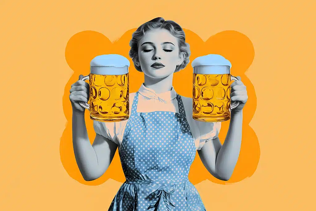 Ilustración de una joven con dos tarros de cerveza, y pensando sobre la edad mínima para beber alcohol en México