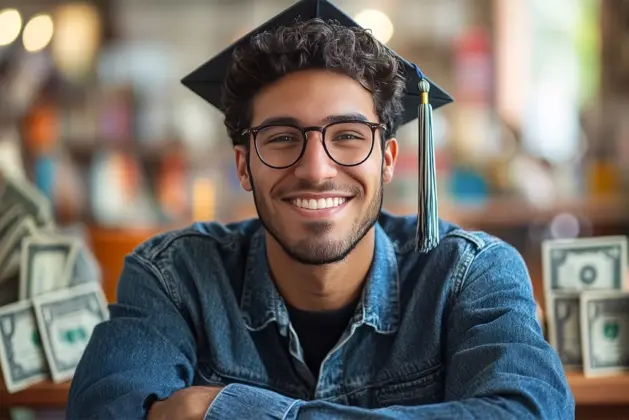 Joven universitario con birrete en un salón de clases con dinero, buscando ganar una de las becas de excelencia