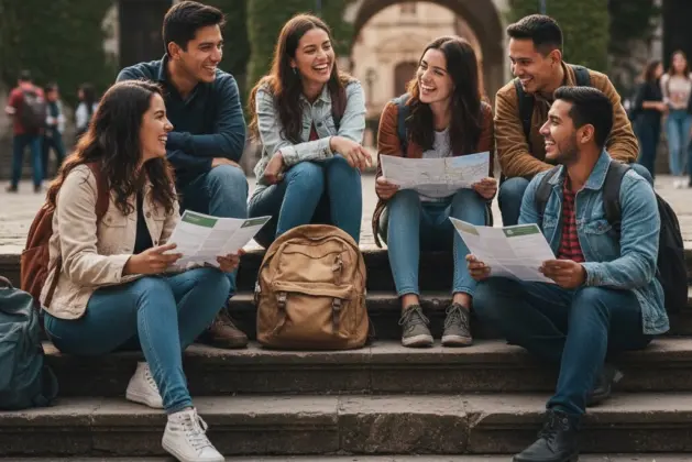 Grupo diverso de jóvenes latinoamericanos sonrientes con mochilas y mapas sentados en escalinatas de una universidad antigua, simulando una conversación sobre becas latinoamérica y oportunidades de estudio en el extranjero.
