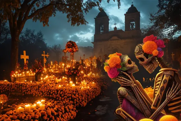 Celebración del Día de Muertos en un panteón iluminado con velas y flores de cempasúchil, acompañada de figuras de esqueletos que representan la leyenda de la flor de cempasuchil