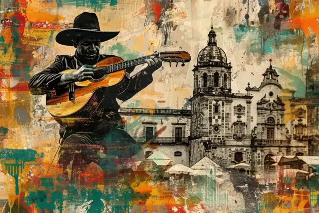Ilustración conceptual que fusiona elementos históricos y modernos, representando corridos revolucionarios y tumbados en un contexto artístico.