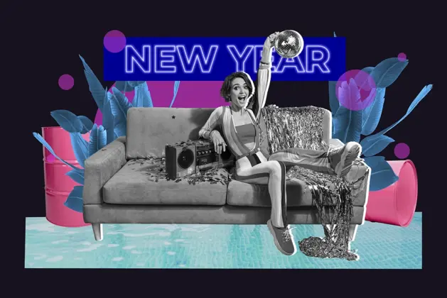 Ilustración con una joven sobre un sillón en año nuevo