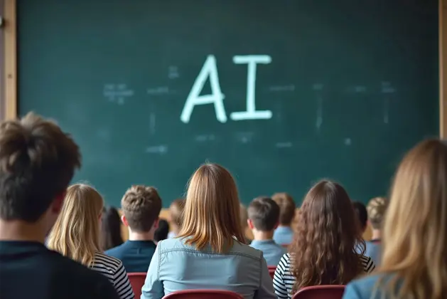 Imagen de jóvenes en salón escolar con maestros de Inteligencia artificial