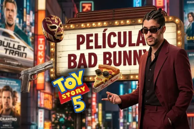 Bad Bunny posando junto a un cartel de cine que dice "Películas Bad Bunny", con los logos de Bullet Train, Toy Story 5 y Cassandro de fondo.