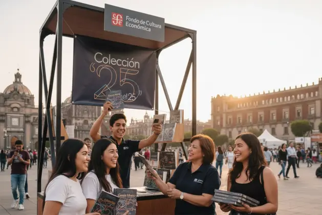 Jóvenes sonrientes recibiendo libros de Gabriel García Márquez gratis en un stand del Fondo de Cultura Económica instalado en el Zócalo de la Ciudad de México con la colección '25 para el 25'.