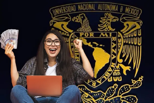 Estudiante universitario revisando la lista de becas UNAM 2025-2026 en una tablet, mostrando interés y organización.