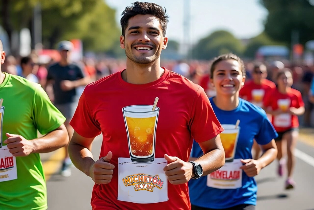 Participantes sonriendo en el Michetón, la carrera temática de micheladas en Querétaro, celebrando con vasos de michelada al cruzar la meta