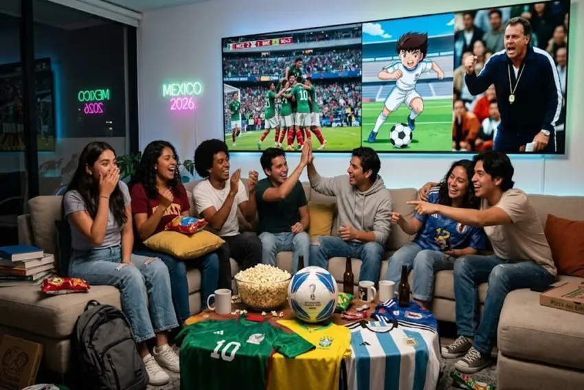 Jóvenes reunidos viendo en una pantalla grande una selección de películas y series de futbol mientras sostienen playeras y una pelota alusiva al Mundial 2026, ambiente realista en una sala moderna