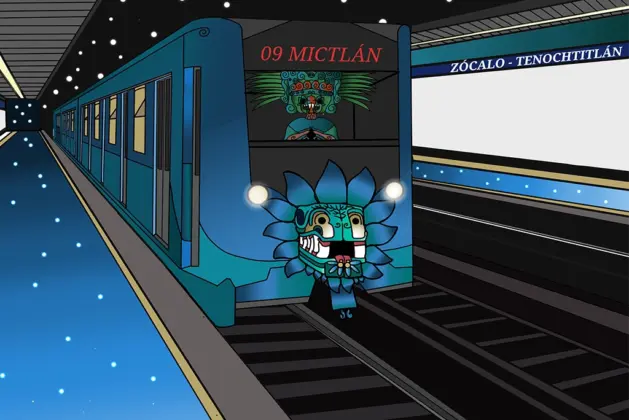 Ilustración del metro de la CDMX con elementos alusivos al Mictlán (una versión amigable para generar interés por la cultura mexica)