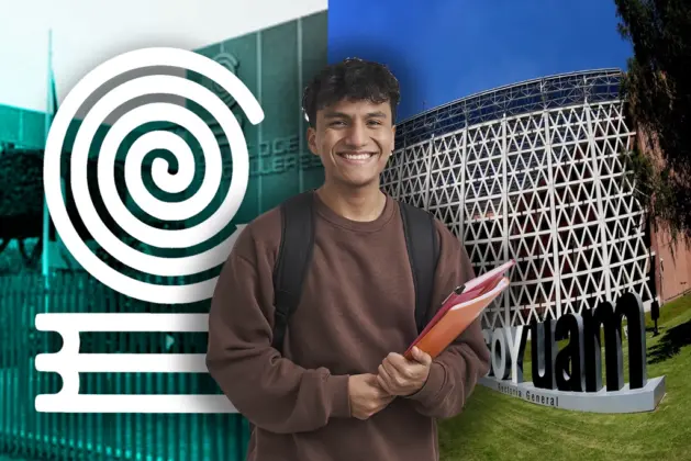 Joven estudiante con fondo del Colegio de Bachilleres y la UAM, sobre el pase reglamentado