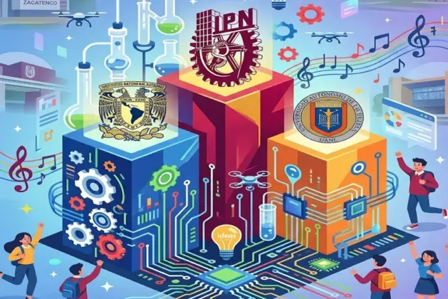 Gráfico del ranking 2026 de universidades con patentes en México con el IPN en primer lugar, rodeado de engranajes, tubos de ensayo y códigos de programación en estilo futurista.