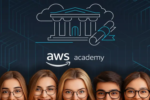 Imagen con el logo de AWS Amazon Academy y estudiantes de universidad