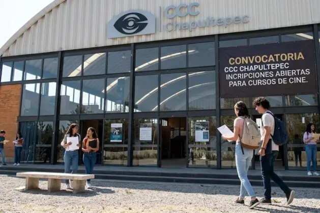 Jóvenes estudiantes ingresando al edificio del CCC para inscribirse en los nuevos cursos de cine en CCC Chapultepec durante la convocatoria 2026.