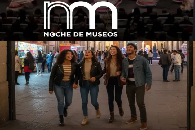 Grupo de amigos jóvenes riendo y entrando a un museo iluminado durante la Noche de Museos en la CDMX, disfrutando de las diversas noche de museos actividades.