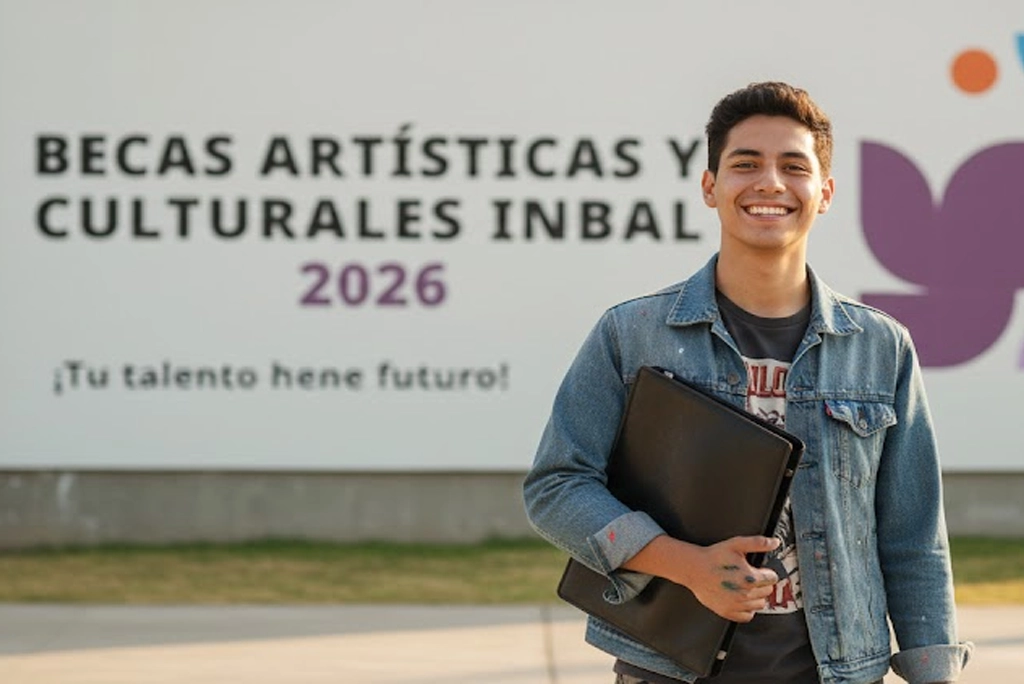 Joven estudiante de arte sonriente sosteniendo un portafolio, representando la oportunidad de las becas artísticas INBAL 2026 para estudiantes mexicanos.