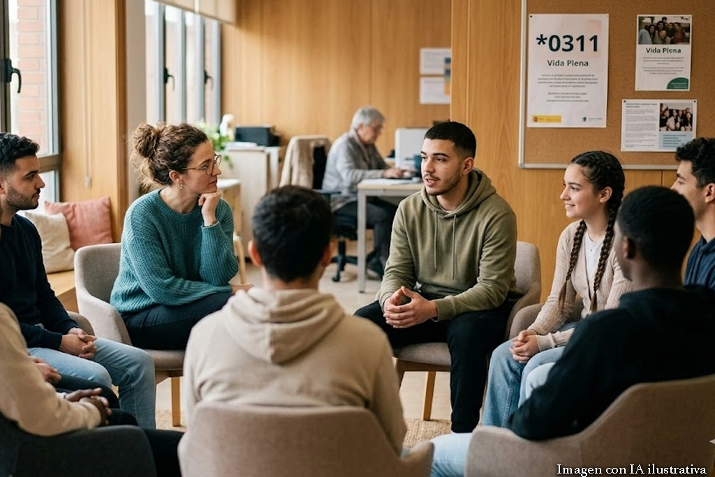 Joven universitario sentado en un círculo de acompañamiento grupal dentro de un centro de cuidado emocional, mientras una especialista escucha atentamente. El espacio es iluminado y acogedor. Programa de derecho a la salud mental “Vida Plena, Corazón Contento” en CDMX.