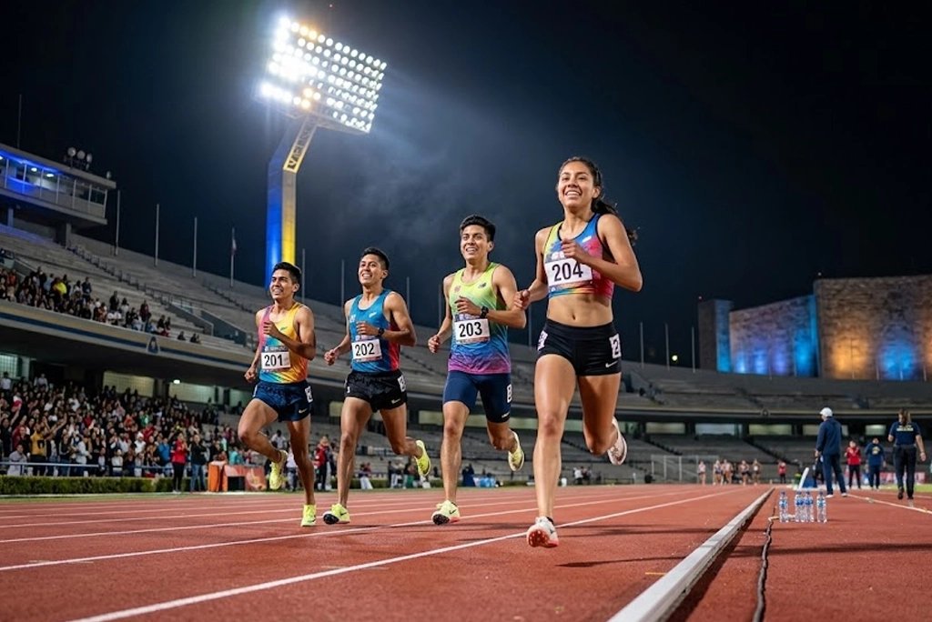 Grupo de jóvenes corriendo en la carrera nocturna en CU, con el Estadio Olímpico Universitario iluminado de fondo y pistolas de luz azul durante la noche.