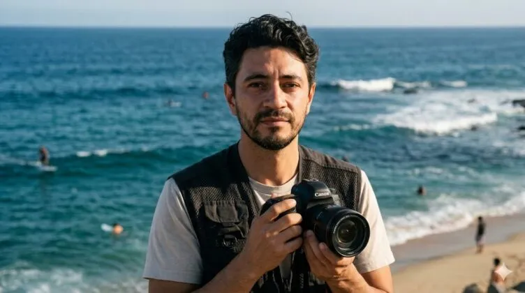 Fotógrafo mexicano César Rodríguez sosteniendo su cámara frente a una comunidad afectada por sequía en México, con mirada seria y fondo desértico al atardecer.