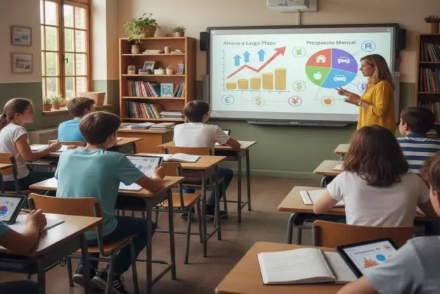 estudiantes en un salón de clases participando en una clase de educación financiera, analizando gráficas de ahorro y presupuesto.