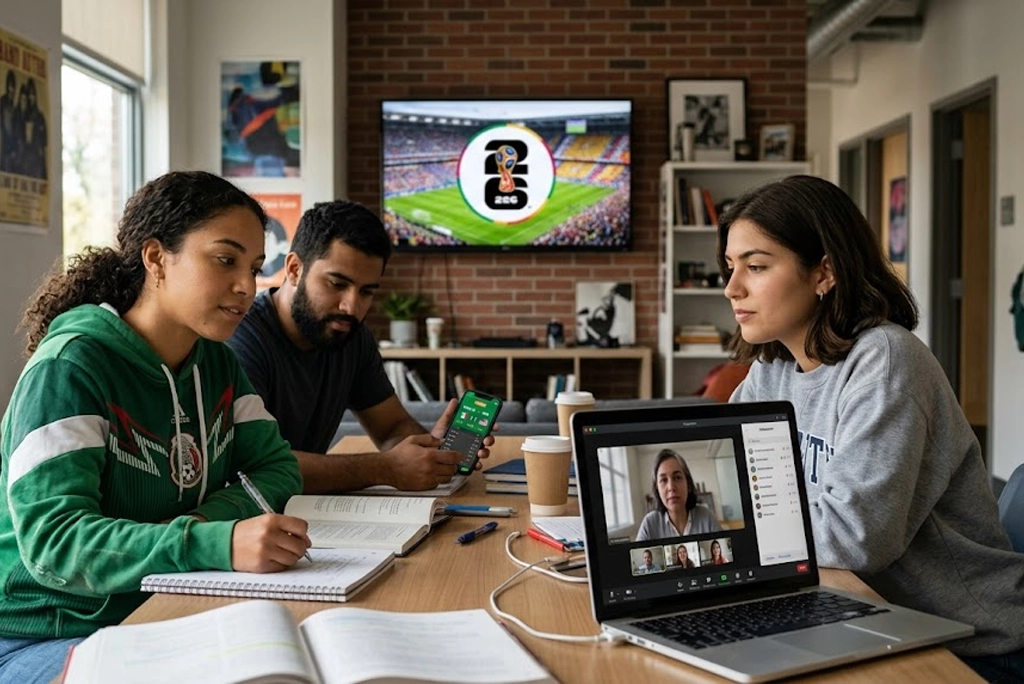 Estudiantes jóvenes viendo una clase virtual en laptop mientras de fondo hay una pantalla con el partido del Mundial 2026 y banderas de México, representando las posibles clases durante el mundial en modalidad a distancia.