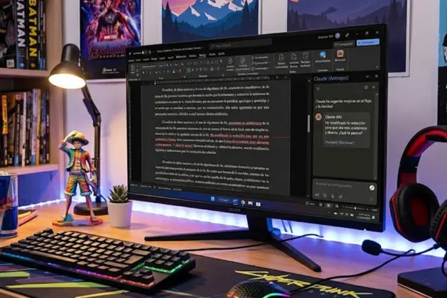 Captura de pantalla de Microsoft Word mostrando el complemento de Claude activo, con un cuadro de diálogo de IA en Word sugiriendo cambios controlados en un texto académico, interfaz moderna y juvenil.