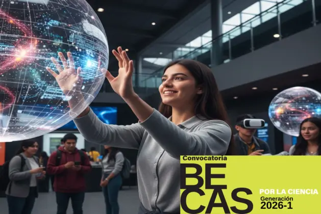 Estudiante joven participando en una actividad interactiva en Universum, Museo de las Ciencias de la UNAM, representando las oportunidades del programa Becas por la Ciencia UNAM.
