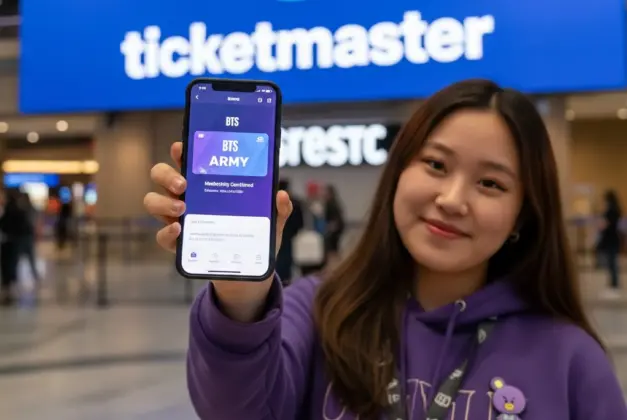 Joven fan de BTS usando su celular para mostrar la confirmación de su ARMY membership BTS en la app Weverse, con el logo de Ticketmaster de fondo.