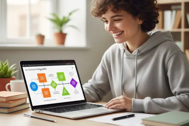 Estudiante universitario sonriendo mientras ve en su laptop una infografía colorida y moderna recién creada con la herramienta de IA Gemini de Google, mostrando un proceso visual claro.