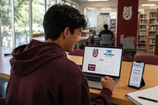 Grupo de jóvenes universitarios revisando sus teléfonos con tarjetas bancarias y una laptop mostrando la página del Hot Sale 2026, destacando las promociones bancarias hot sale en pantalla.