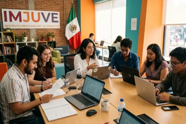 Jóvenes universitarios realizando servicio social en el IMJUVE en las oficinas de la CDMX, revisando documentos y planeando proyectos en mesas de trabajo colaborativo.