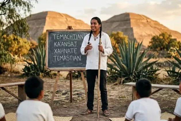 Joven profesor indígena señalando un pizarrón con la palabra “maestro en lenguas indígenas” escrito en varias lenguas originarias de México, ambientación prehispánica