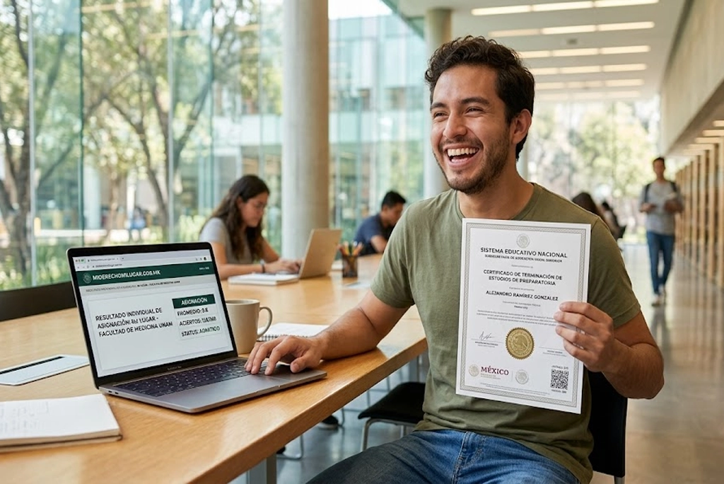 Joven de 22 años sosteniendo su certificado de prepa en un examen, sonriente, con una laptop que muestra guías de estudio CENEVAL.