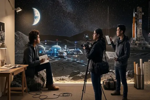 Joven poeta sosteniendo un cuaderno frente a una nave espacial de la NASA con la Luna de fondo, representando la convocatoria NASA para artistas en la misión lunar.