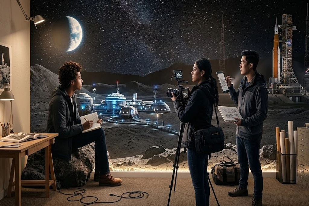 Joven poeta sosteniendo un cuaderno frente a una nave espacial de la NASA con la Luna de fondo, representando la convocatoria NASA para artistas en la misión lunar.