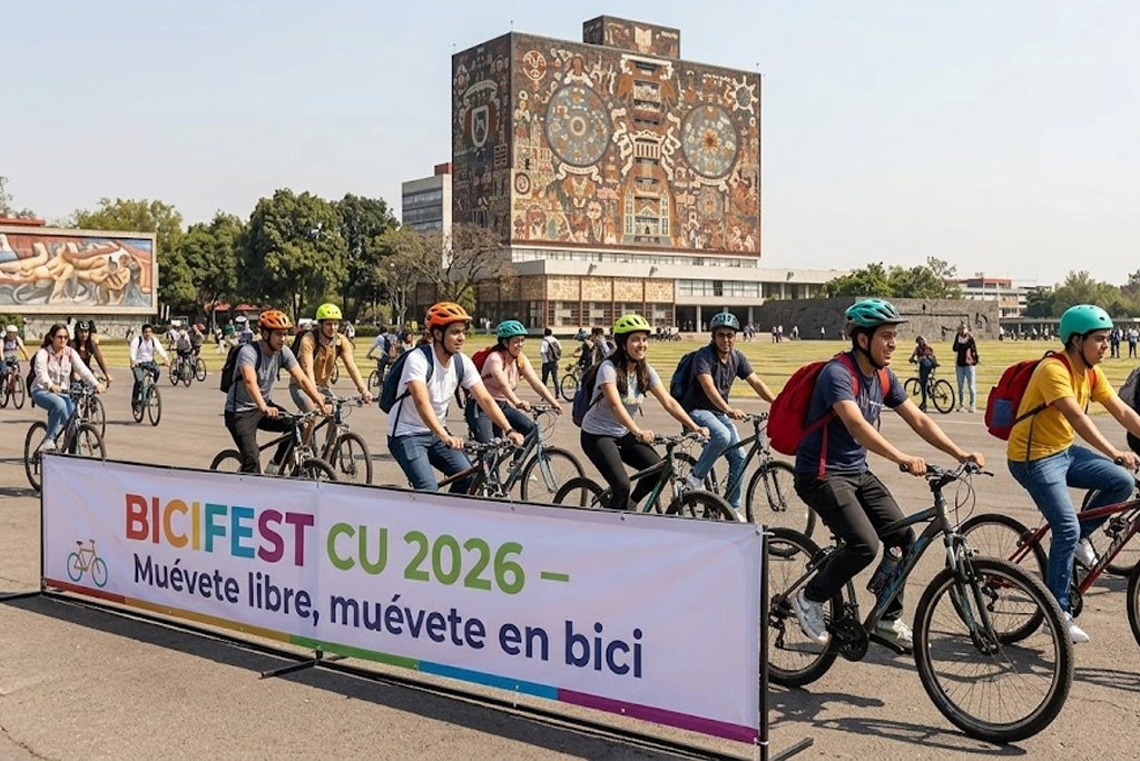 Estudiantes universitarios en Ciudad Universitaria con bicicletas, cartel de BICIFEST CU 2026 al fondo, sonriendo mientras participan en una rodada gratuita frente a Las Islas.