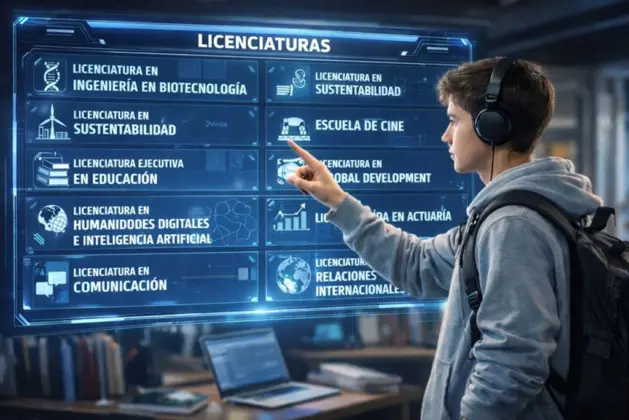Joven estudiante explorando un holograma interactivo con las mejores carreras del año y las profesiones del futuro para 2026