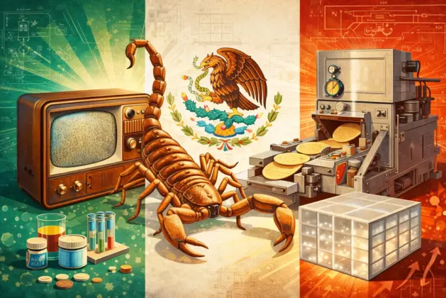 Collage retro-moderno que muestra las patentes mexicanas más icónicas: un televisor de los 40, un alacrán, una máquina de tortillas y un bloque de concreto translúcido, todo con la bandera mexicana de fondo.