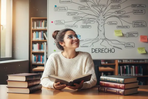 Joven estudiante sonriente revisando libros de leyes frente a un mapa conceptual de las ramas y especializaciones del Derecho