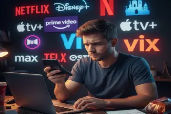 joven tratando de decidir o haciendo cuentas sobre lo que gasta con las plataformas streaming de fondo Collage con los logos de Netflix, Disney+, Prime Video, Max, Apple TV+ y Vix