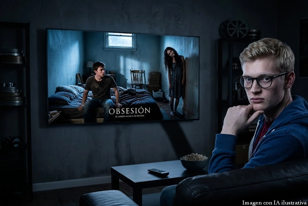 película Obsesión con una pareja joven en sombras, ella sonríe de forma perturbadora y él tiene expresión de miedo, fondo de pasillo oscuro.” y de frente su creador Curry Barker
