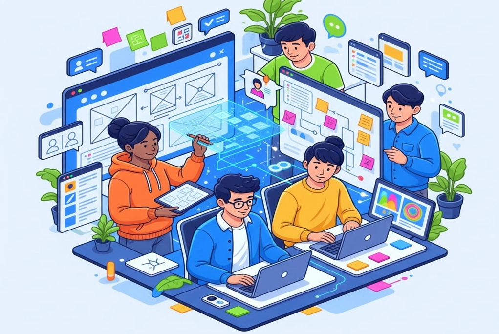 Ilustración juvenil y dinámica que representa el proceso de diseño UX UI, mostrando la conexión entre la creatividad visual y la investigación de usuario en dispositivos digitales.
