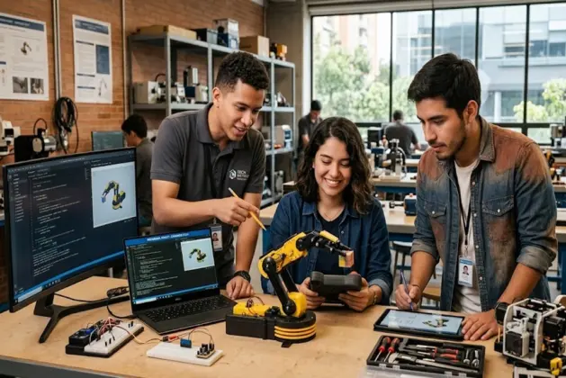 Estudiantes en un taller moderno de educación técnica con robots y computadoras, mientras revisan circuitos electrónicos